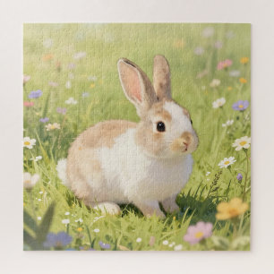 Quebra-cabeça Adorável Bunny Fofa Prado de Flores Silvestres