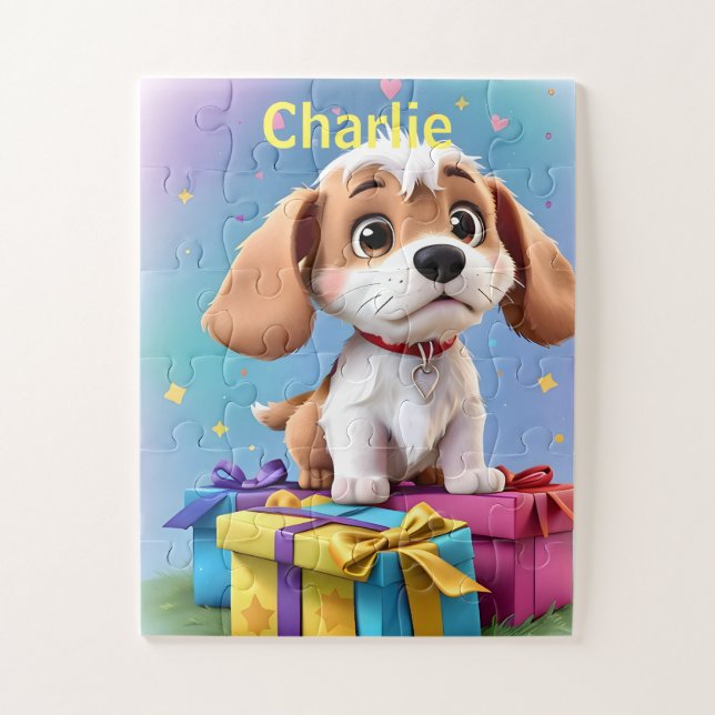 Quebra-cabeça Adorável Cachorrinho Marrom e Branco com Presentes (Vertical)