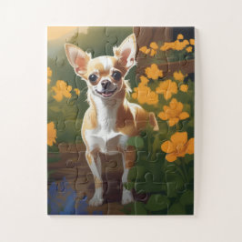 Quebra-cabeça Adorável Chihuahua Puppy com flores silvestres