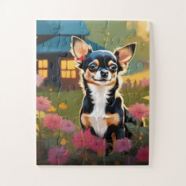 Quebra-cabeça Adorável Preto Chihuahua Puppy com flores silvestr