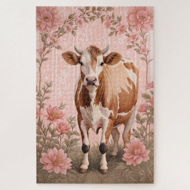 Quebra-cabeça Adorável Vaca Jersey Floral Rosa (Vertical)