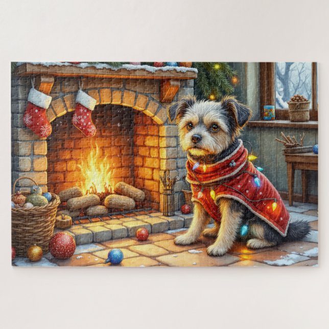 Quebra-cabeça Affenpinscher Dog by Cozy Christmas Fireplace (Horizontal)