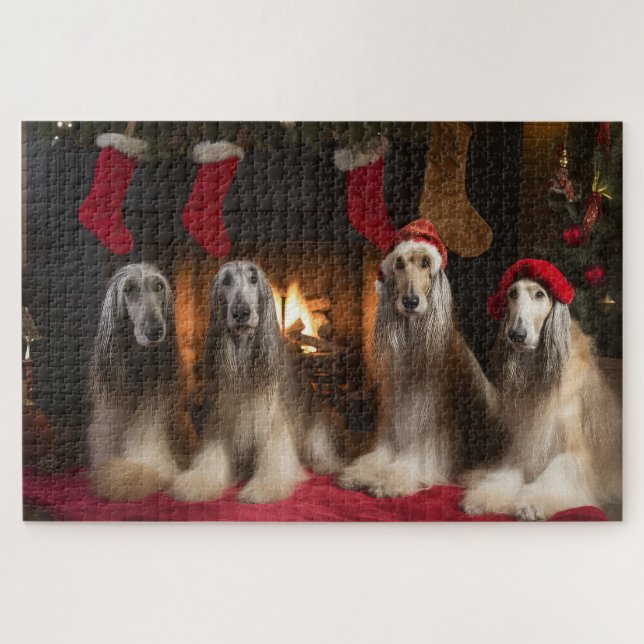 Quebra-cabeça Afghan Hound junto à Lareira Natal (Horizontal)