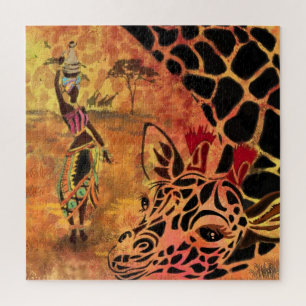 Quebra-cabeça African Girl and Giraffe - Friends - Art Drawing