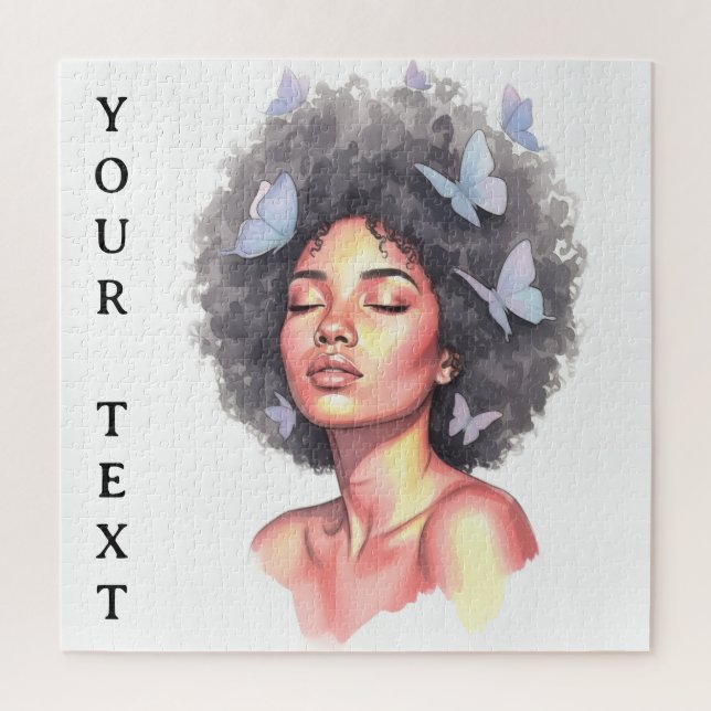 Quebra-cabeça Afro Beauty with Butterflies – Watercolor Portrait (Vertical)