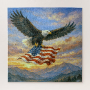 Quebra-cabeça Águia-Careca Voando Com Bandeira Americana