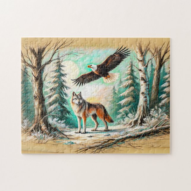 Quebra-cabeça Águia e Lobo na Floresta Desenho a Giz Pastel (Horizontal)