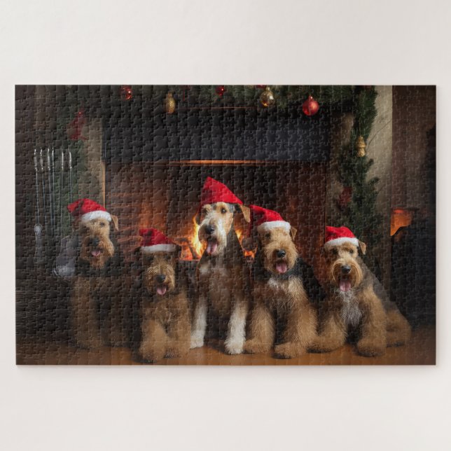 Quebra-cabeça Airedale ao lado da Lareira Natal (Horizontal)