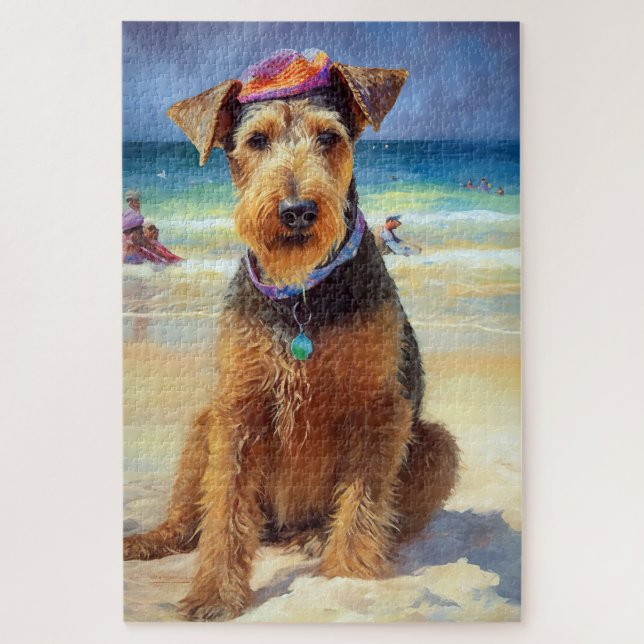 Quebra-cabeça Airedale on Beach, presente de verão para amantes  (Vertical)