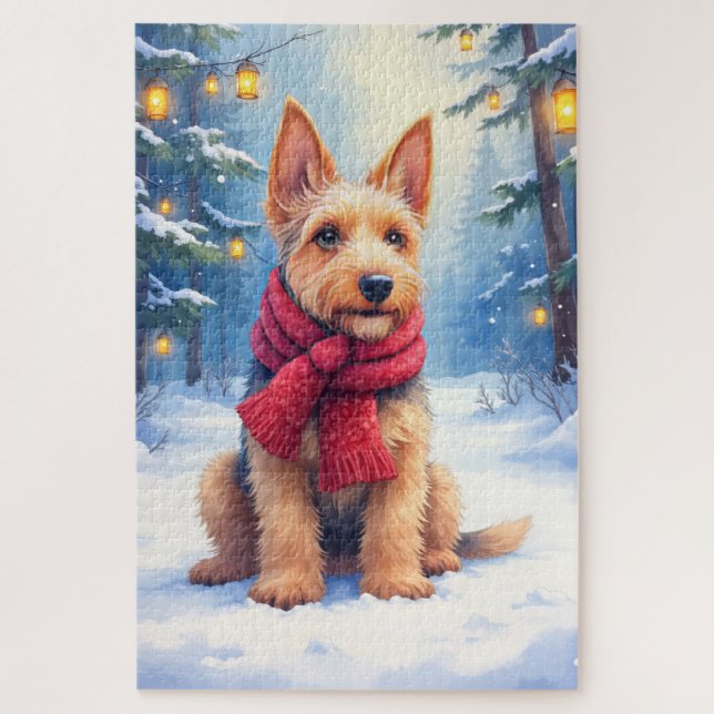 Quebra-cabeça Airedale Terrier Aguarela Natal Nevado (Vertical)