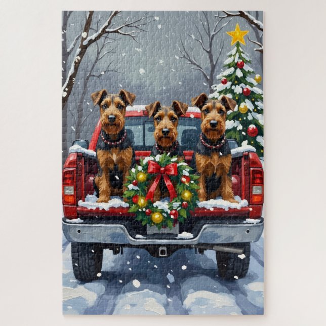 Quebra-cabeça Airedale Terrier Christmas Red Truck Holiday (Vertical)