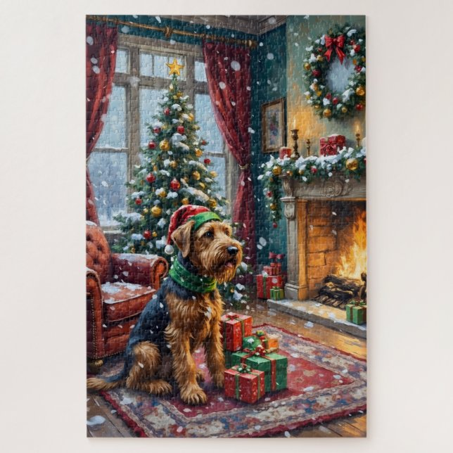 Quebra-cabeça Airedale Terrier Christmas Victorian Living Room (Vertical)