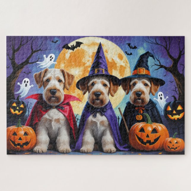 Quebra-cabeça Airedale Terrier Dogs Pumpkin Halloween Engraçado (Horizontal)