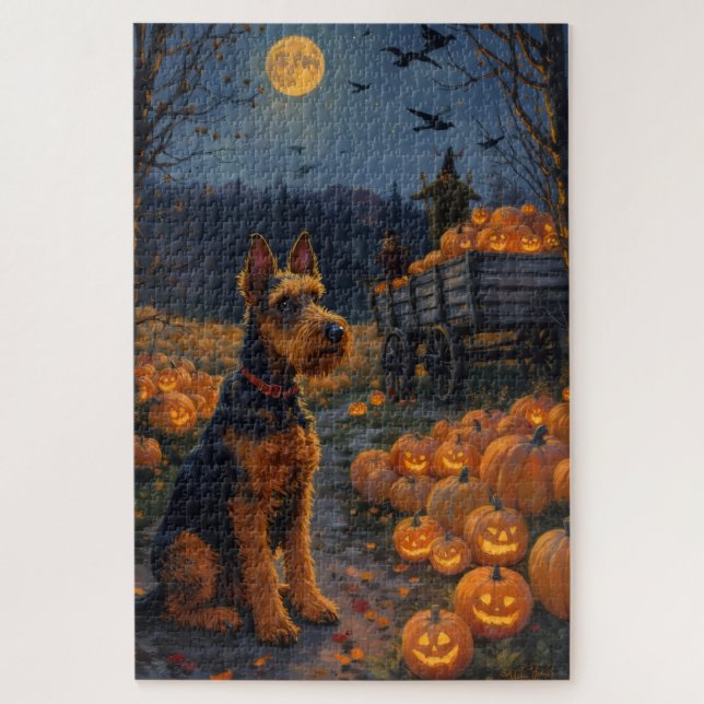 Quebra-cabeça Airedale Terrier Rustic Halloween Pumpkin Patch  (Vertical)