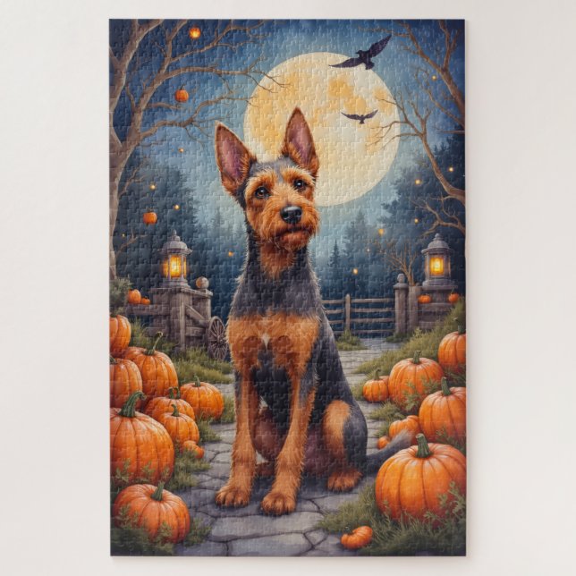 Quebra-cabeça Airedale Terrier Rustic Halloween Pumpkin Patch  (Vertical)