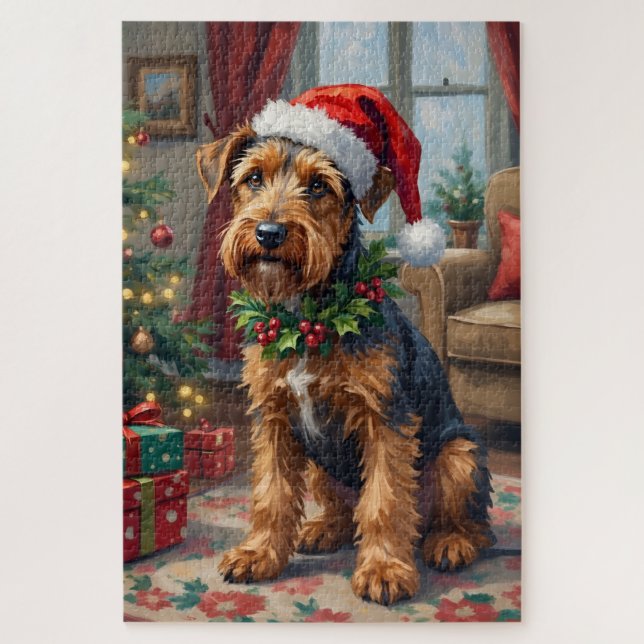 Quebra-cabeça Airedale Terrier Santa Hat Christmas Fun Art (Vertical)