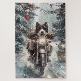 Quebra-cabeça Akita Americano Andando de Motocicleta Natal 