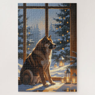 Quebra-cabeça Akita Americano com Luzes de Natal Feriado