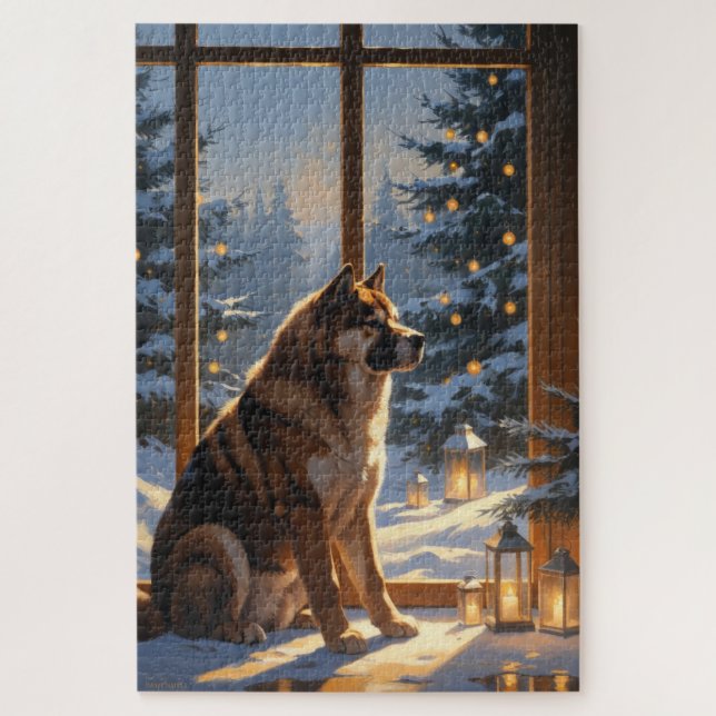 Quebra-cabeça Akita Americano com Luzes de Natal Feriado (Vertical)