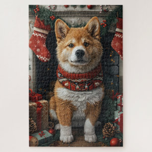 Quebra-cabeça Akita Americano Com Presentes De Natal Lareira
