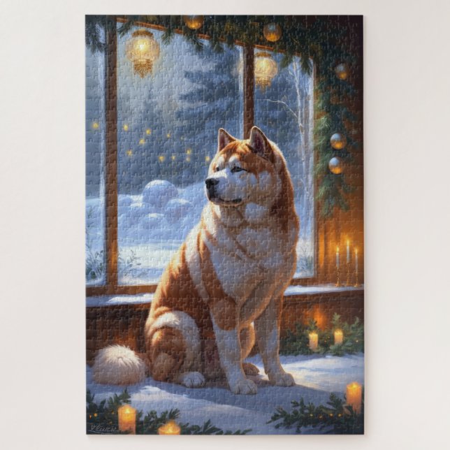 Quebra-cabeça Akita Com Luzes De Natal Feriado (Vertical)