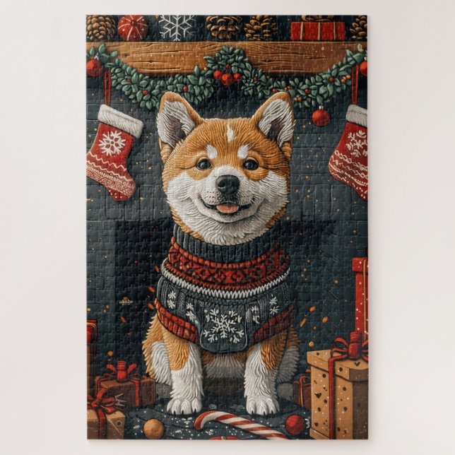 Quebra-cabeça Akita Dog com Lareira de presentes de Natal (Vertical)