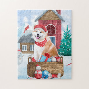 Quebra-cabeça Akita Dog Na Casa De Cachorro De Neve