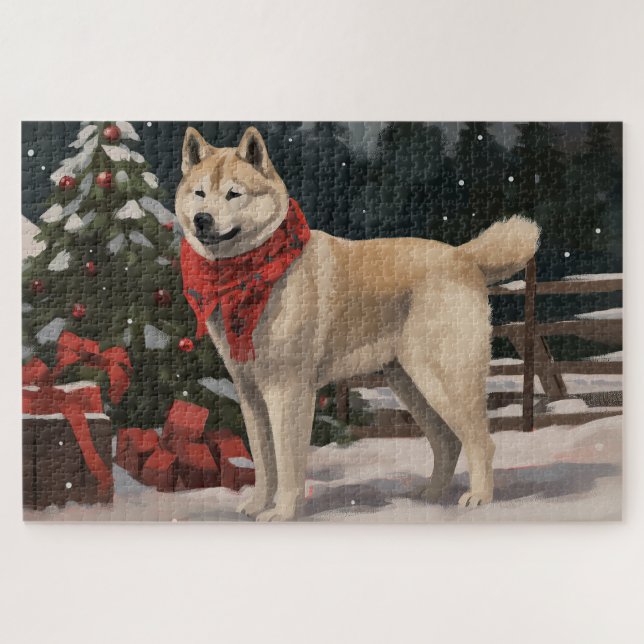 Quebra-cabeça Akita Dog no Natal da Neve (Horizontal)