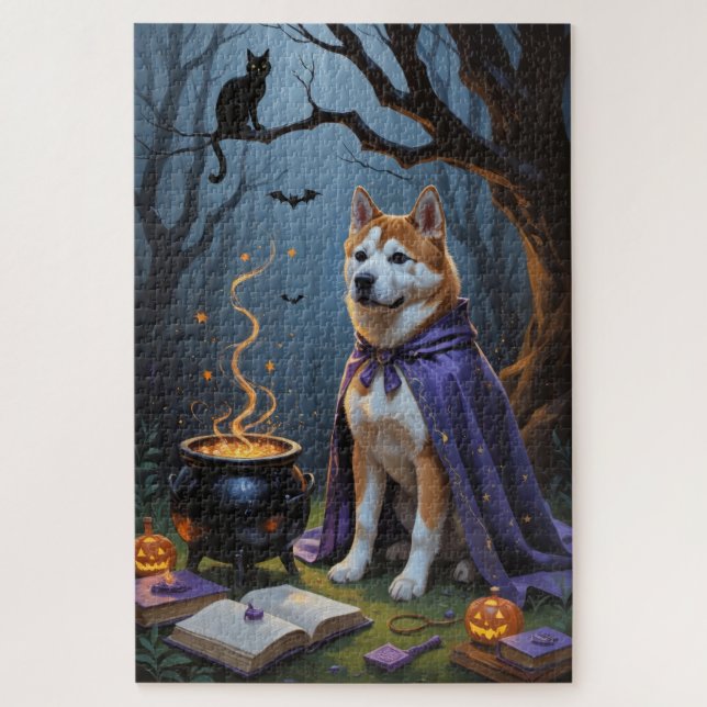 Quebra-cabeça Akita Dog Whimsic Halloween Painting (Vertical)