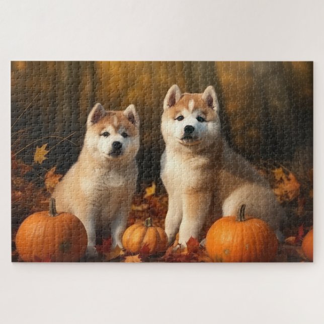 Quebra-cabeça Akita Puppy Autumn Delight Pumpkin (Horizontal)