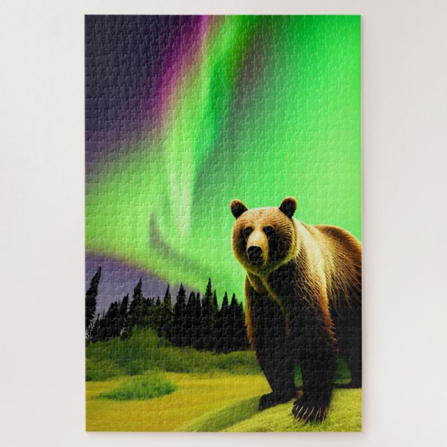 Quebra-cabeça Alaskan Grizzly Bear e Green Aurora Borealis (Vertical)