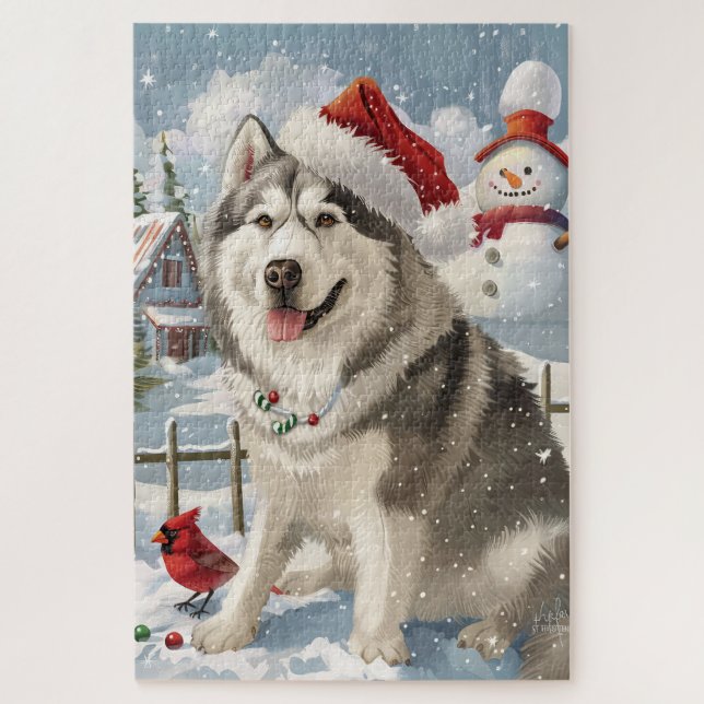 Quebra-cabeça Alaskan Malamute Dog Winter Wonderland Christmas (Vertical)
