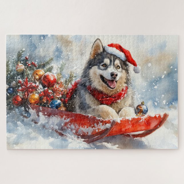 Quebra-cabeça Alaskan Malamute em Sledge Deixe-o nevar no Natal (Horizontal)