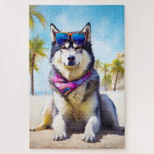 Quebra-cabeça Alaskan Malamute na praia, presente de verão