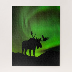 Quebra-cabeça Alce com Aurora Boreal Verde, Alasca