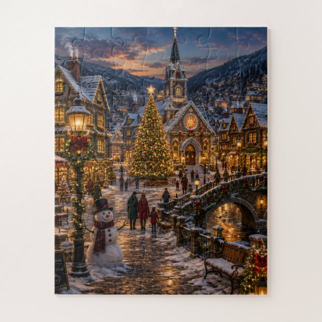 Quebra-cabeça Aldeia de Natal Nevada ao Crepúsculo (Vertical)