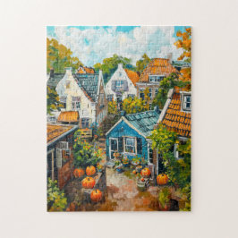 Quebra-cabeça Aldeia de Outono com Abóboras e Pintura de Casas