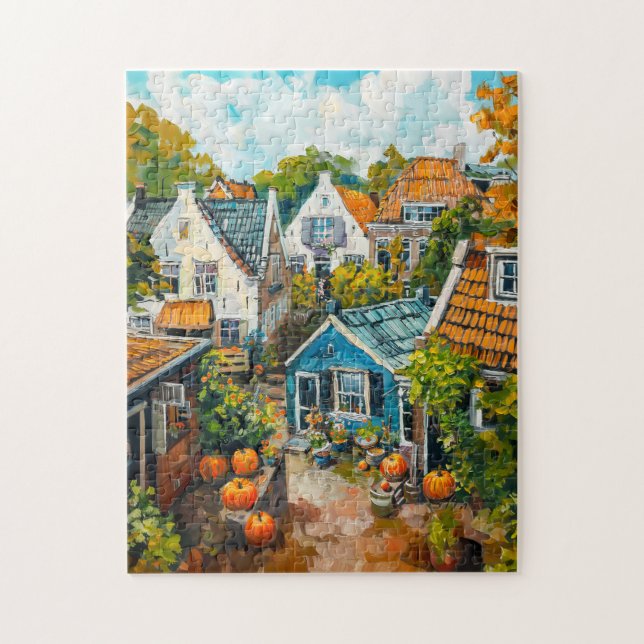 Quebra-cabeça Aldeia de Outono com Abóboras e Pintura de Casas (Vertical)