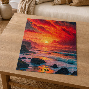 Quebra-cabeça Alfery Fiery Sunset Coastline - Clipes Oceanos