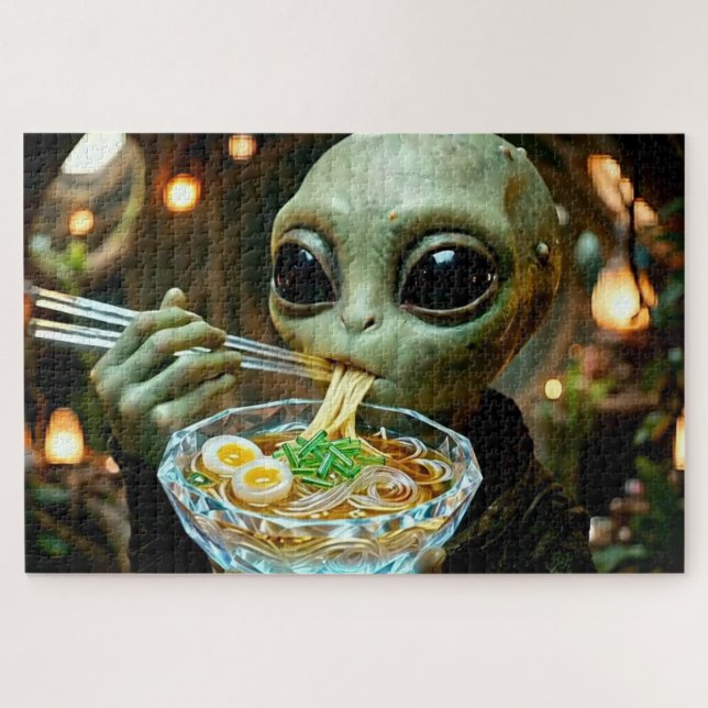 Quebra-cabeça Alienígena Engraçado comendo Macarrão Ramen Monogr (Horizontal)