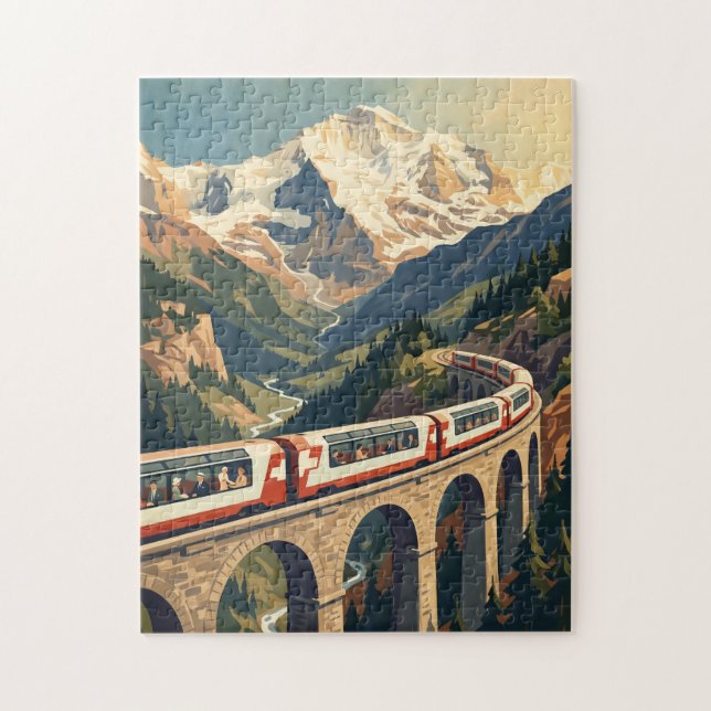 Quebra-cabeça Alpes Suíços Suíça Trem Viagem Vintage (Vertical)