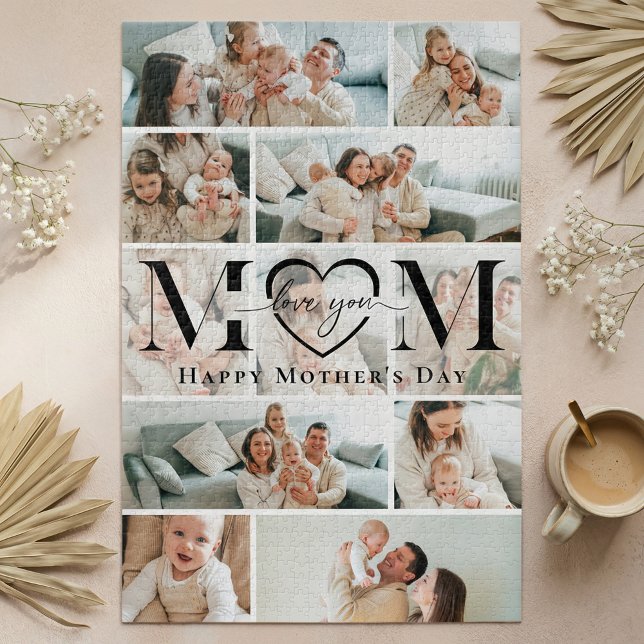 Quebra-cabeça Ama-te Mãe Coração Foto Colagem Dia das Mães (Love You Mom Heart Photo Collage Mother's Day Jigsaw Puzzle)