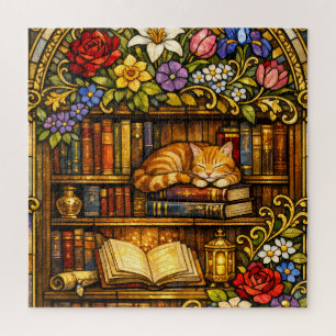 Quebra-cabeça Amantes de Livros e Gatos Adormecidos Vidro Falso
