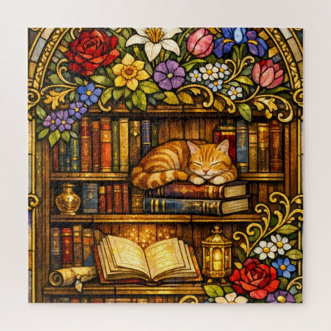 Quebra-cabeça Amantes de Livros e Gatos Adormecidos Vidro Falso  (Vertical)