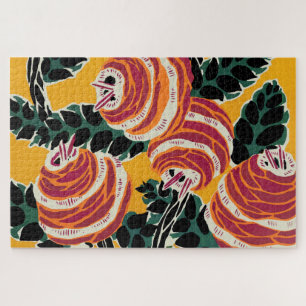 Quebra-cabeça Amarelo Mostarda e Laranja Decoração Floral Art Dé