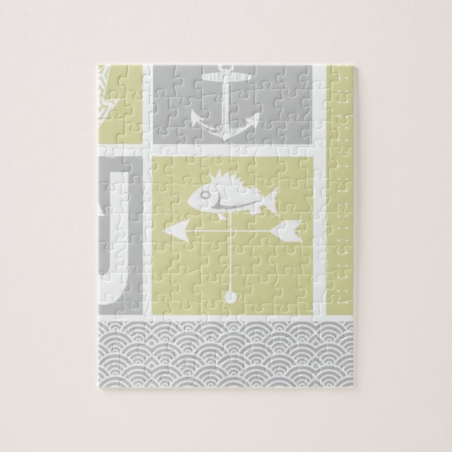 Quebra-cabeça Amarelo náutico e Cinza Ancora Peixes Vane (Vertical)