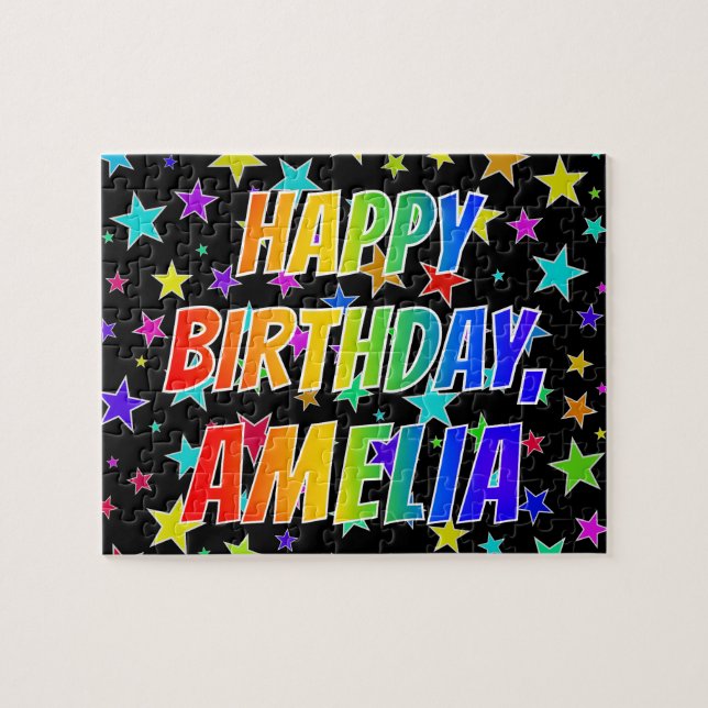 Quebra-cabeça "AMÉLIA" Primeiro Nome, Diversão "FELIZ ANIVERSÁRI (Horizontal)