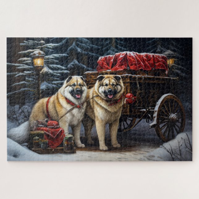 Quebra-cabeça American Akita Snowy Sleigh Passear Decência de Na (Horizontal)