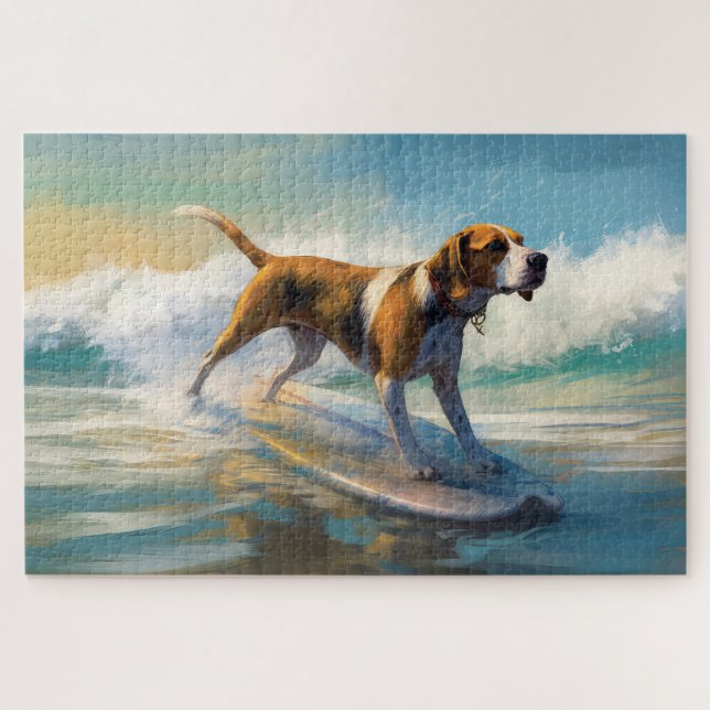 Quebra-cabeça American Engligh Foxhound Beach Surfing Painting (Horizontal)