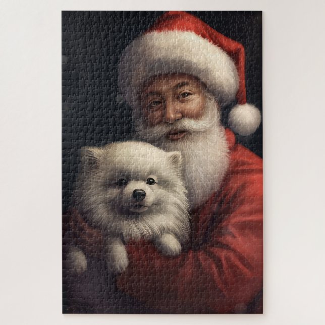 Quebra-cabeça American Eskimo com Papai Noel Natal Festivo (Vertical)